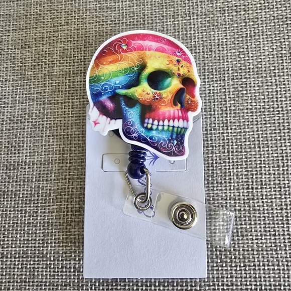 Skull Skeleton Colorful Gothic Retractable Work Name Badge ID Reel Holder - Picture 1 of 2